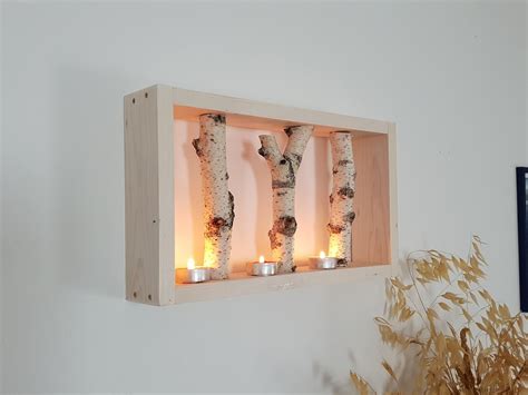 40cm Small White Birch Wall Art, 3 Logs Display Shelf, Framed Birch Art ...