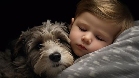 Premium AI Image | Small child and a dog sleeping in a cuddle