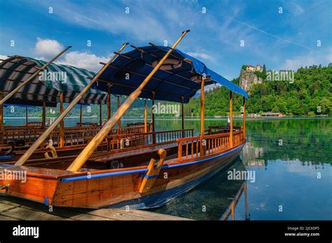 Traditional Pletna boat on the Bled lake. In the background is the ...