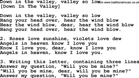 Old American Song - Lyrics for: Down In The Valley, Valley So Low, with PDF