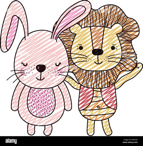 doodle cute rabbit and lion animals friends vector illustration Stock ...