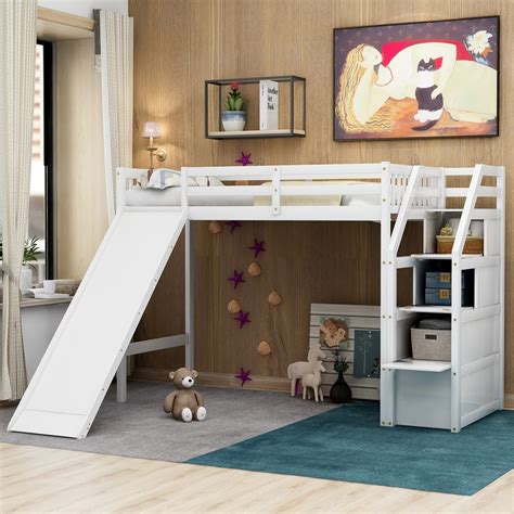 Harper & Bright Designs Twin Loft Bed with Slide, Wood Loft Bed No Box ...