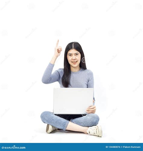 Woman Sitting Floor Holding Laptop Stock Photo - Image of happy, adult ...