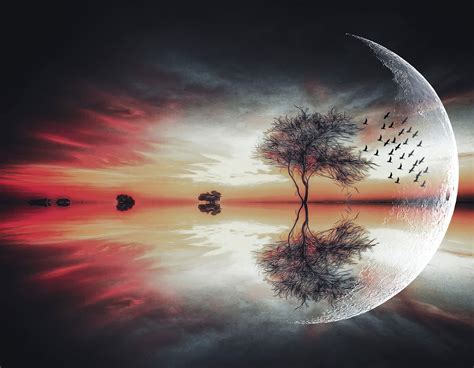 moon, Fantasy Art, Trees, Birds, Landscape, Lake, Reflection Wallpapers ...