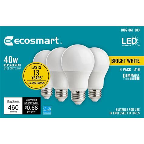 EcoSmart 40-Watt Equivalent A19 Dimmable Energy Star LED Light Bulb ...