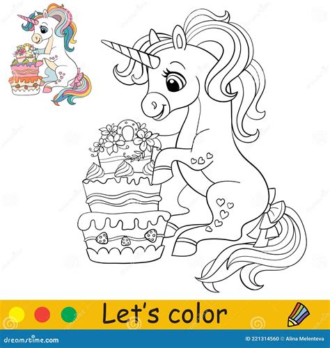 Cartoon Cute Sitting Unicorn with Cake Coloring Stock Vector ...