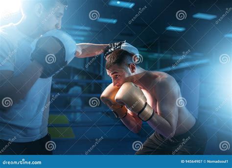 Boxer in Gloves Exercises with Sparring Partner Stock Image - Image of ...