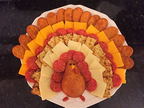 Thanksgiving turkey shaped cheese, crackers, and pepperoni platter ...