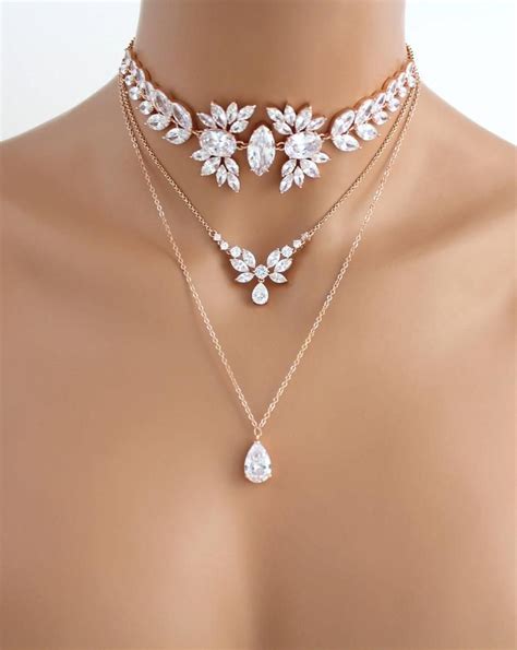 Rose Gold layered necklace Bridal necklace Bridal jewelry Rose in 2020 ...