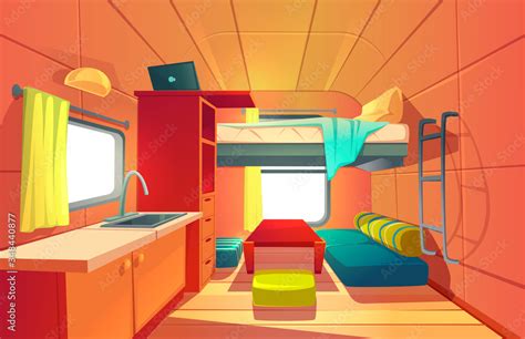 Camping trailer car interior with loft bed, couch, kitchen sink, desk ...