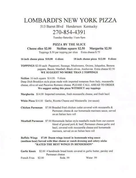 Lombardi's New York Pizza Menu - Urbanspoon/Zomato