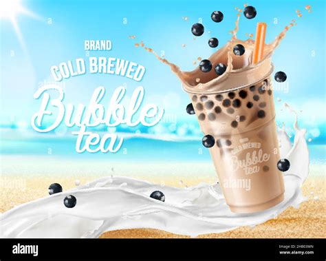 Bubble milk tea with wave splash and chocolate. Vector ad poster with ...