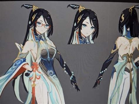 three different views of an anime character with long black hair and ...