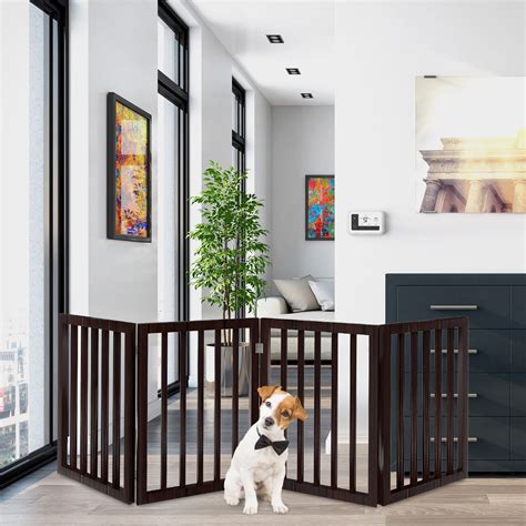 Freestanding Pet Gate- 4 Panel Brown Wooden Folding Fence for Doorways ...