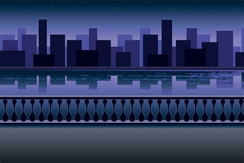 Vector night landscape city, town with river and embankment. Cartoon ...