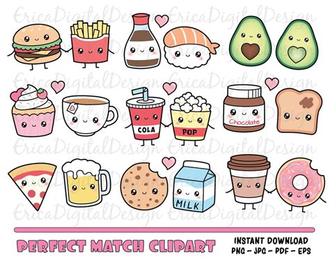 Perfect Match Kawaii Clipart Set Cute Food Clip Art Friendship Best ...