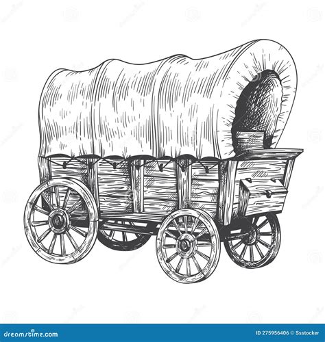 Covered Wagon Sketch. Old Trip Carriage, Vintage Horse Vehicles Drawing ...