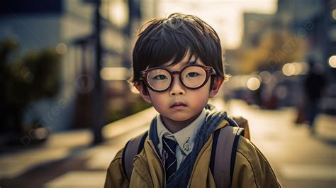 Young Japanese Boy Standing On Street Wearing Glasses Background, Cool ...