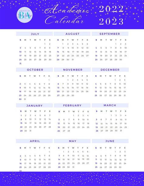 Academic Calendar 2022-2023 Lavender Starfall ' - Etsy