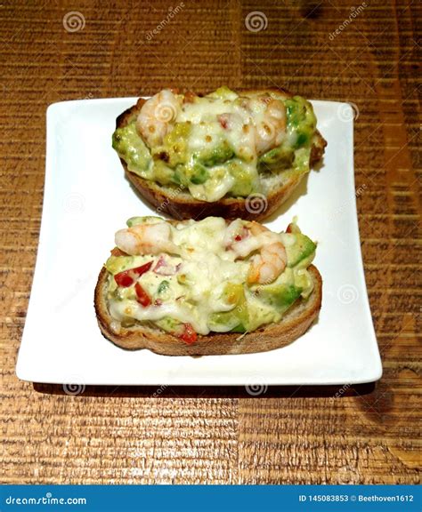 Prawn and Avocado Toast stock image. Image of gourmet - 145083853