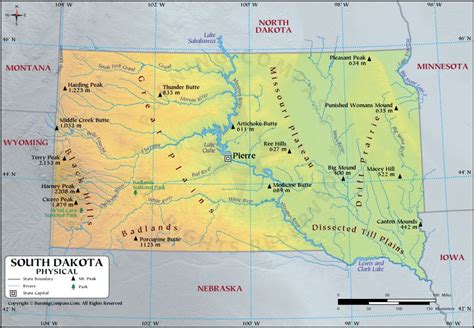 South Dakota Physical Map showing Geographical / Physical Features with ...