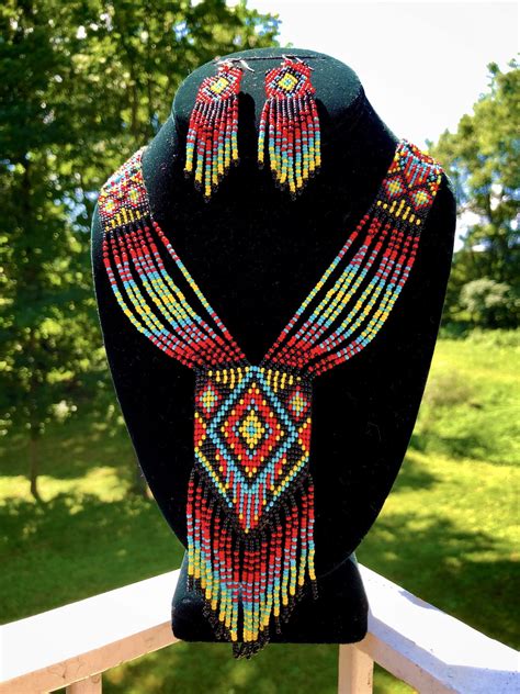 Native American Beaded Jewelry Set - Necklace and Earrings - Diamond ...