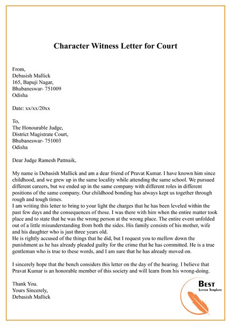 Character Witness Letter for Court-01 – Best Letter Template