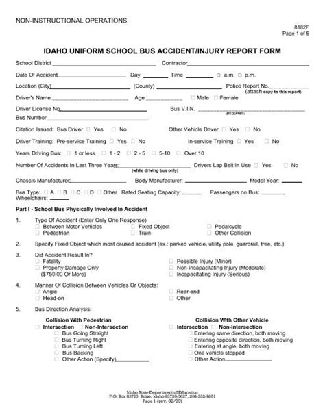 8182F Idaho Uniform School Bus Accident/Injury Report Form