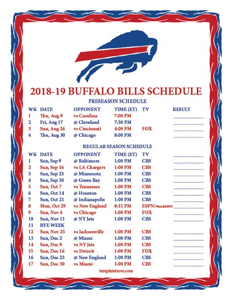 Printable 2018-2019 Buffalo Bills Schedule