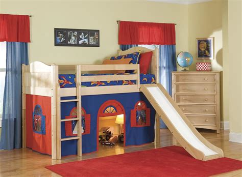 Bolton Kids Cottage Loft Bed w/ Slide (blue/red on natural)