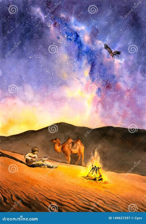 Watercolor Painting - Desert Camel Under Milky Way Galaxy Stock ...