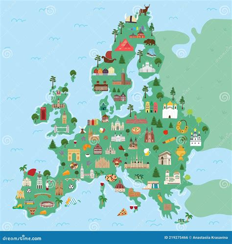 Geïllustreerde Kaart Van Het Europese Continent Met Beroemde Mijlpalen ...