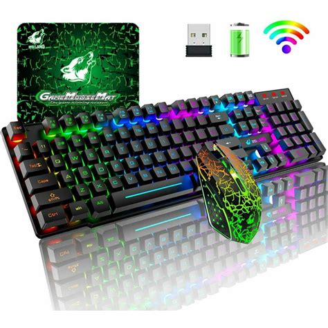 Wireless Gaming Keyboard and Mouse Combo with Mouse Pad, Rainbow LED ...