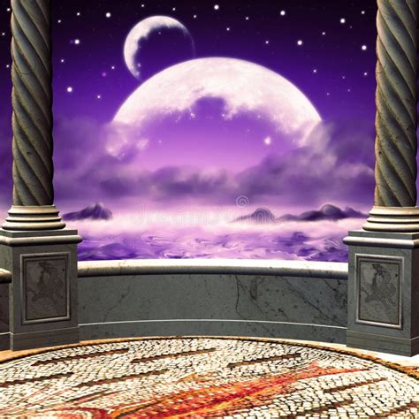 View on Night from a Balcony Stock Illustration - Illustration of moon ...