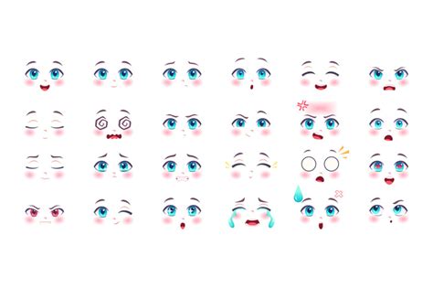 Anime expressions. Kawaii cute faces with eyes lips and nose cartoon a ...