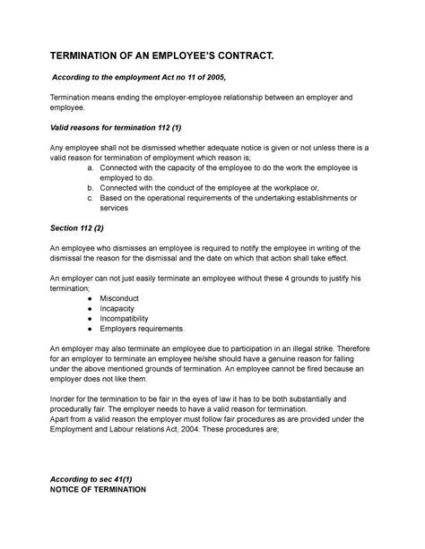 TERMINATION OF AN EMPLOYEES CONTRACT - According to the employment Act ...