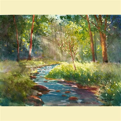 watercolor landscape painting PRINT creek and tree summer