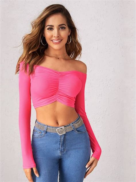 Solid Off Shoulder Ruched Crop Top | SHEIN USA in 2020 | Crop tops ...