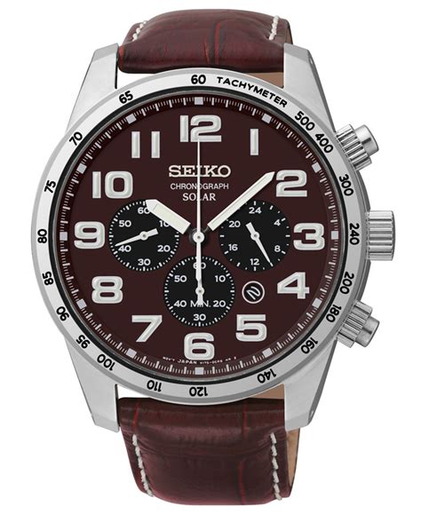 Seiko Men's Chronograph Solar Brown Leather Strap Watch 45mm Ssc227 for ...