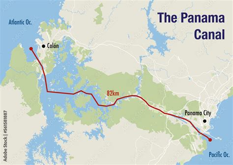 Map of the Panama canal, illustrating the route from the Pacific to the ...