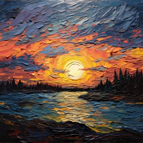 Premium AI Image | a painting of a sunset over a river