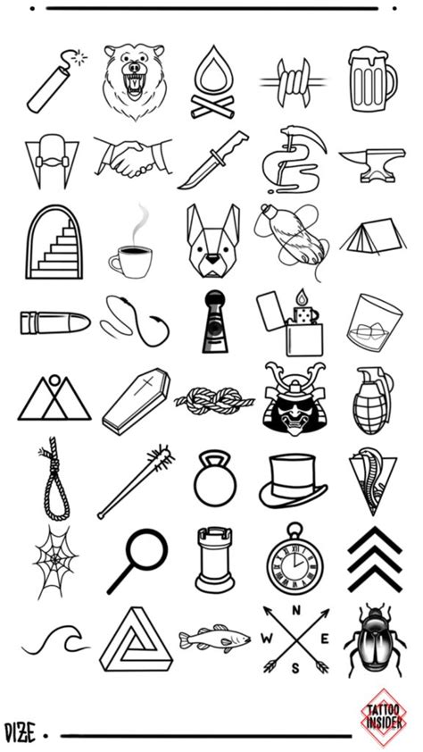 a black and white drawing of various symbols