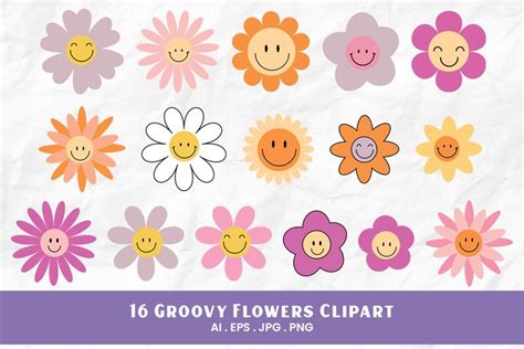 Groovy Flowers Clipart | 16 Variations