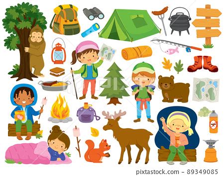 Camping clipart set. Summer camp items with... - Stock Illustration ...