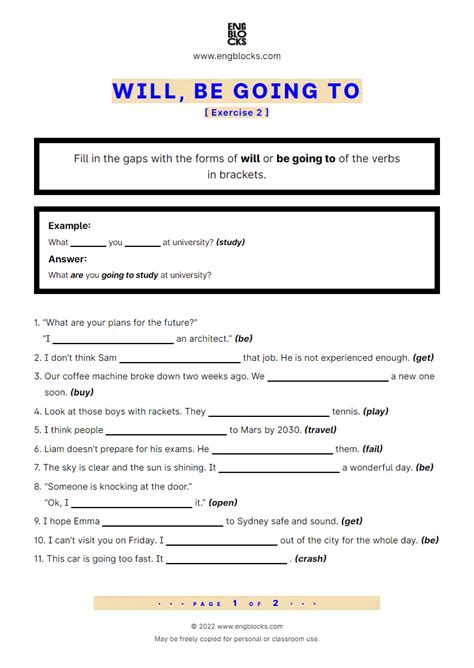 Will, be going to — Exercise 1 | ESL Worksheets