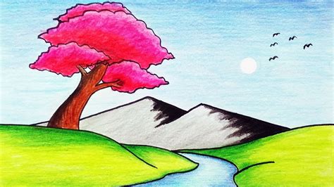 How to Draw Super Easy River Hills and Mountain Scenery | Scenery ...