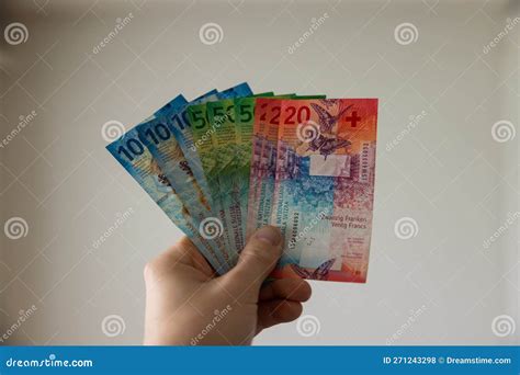 Swiss Franc Banknotes of Various Denominations, Placed Next To Each ...