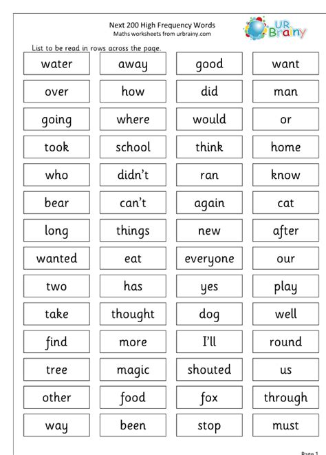 High Frequency Words Printable Worksheets