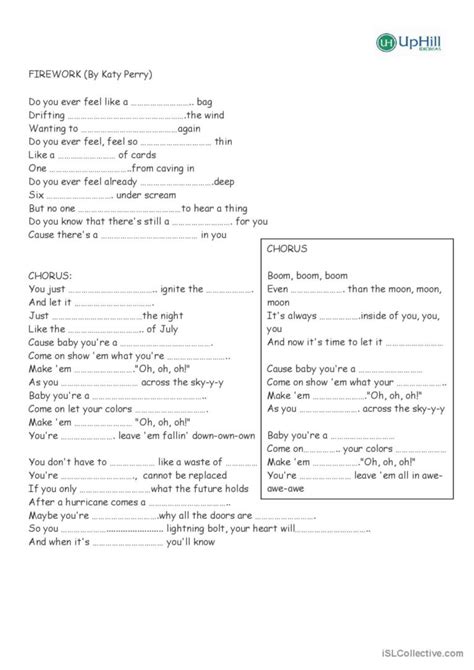 Firework - Katy Perry - Song Gap Fil…: English ESL worksheets pdf & doc