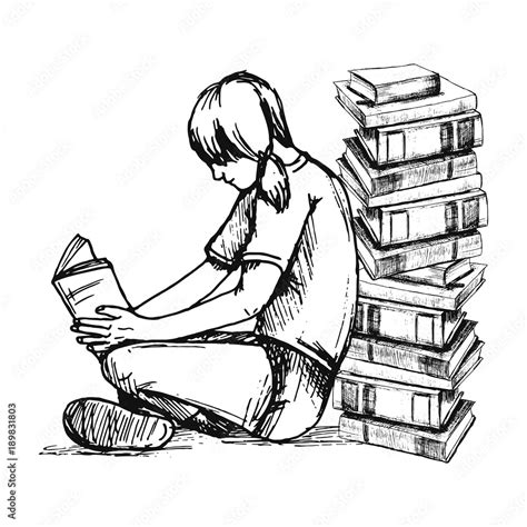 Vector sketch drawing illustration of reading girl with books Stock ...